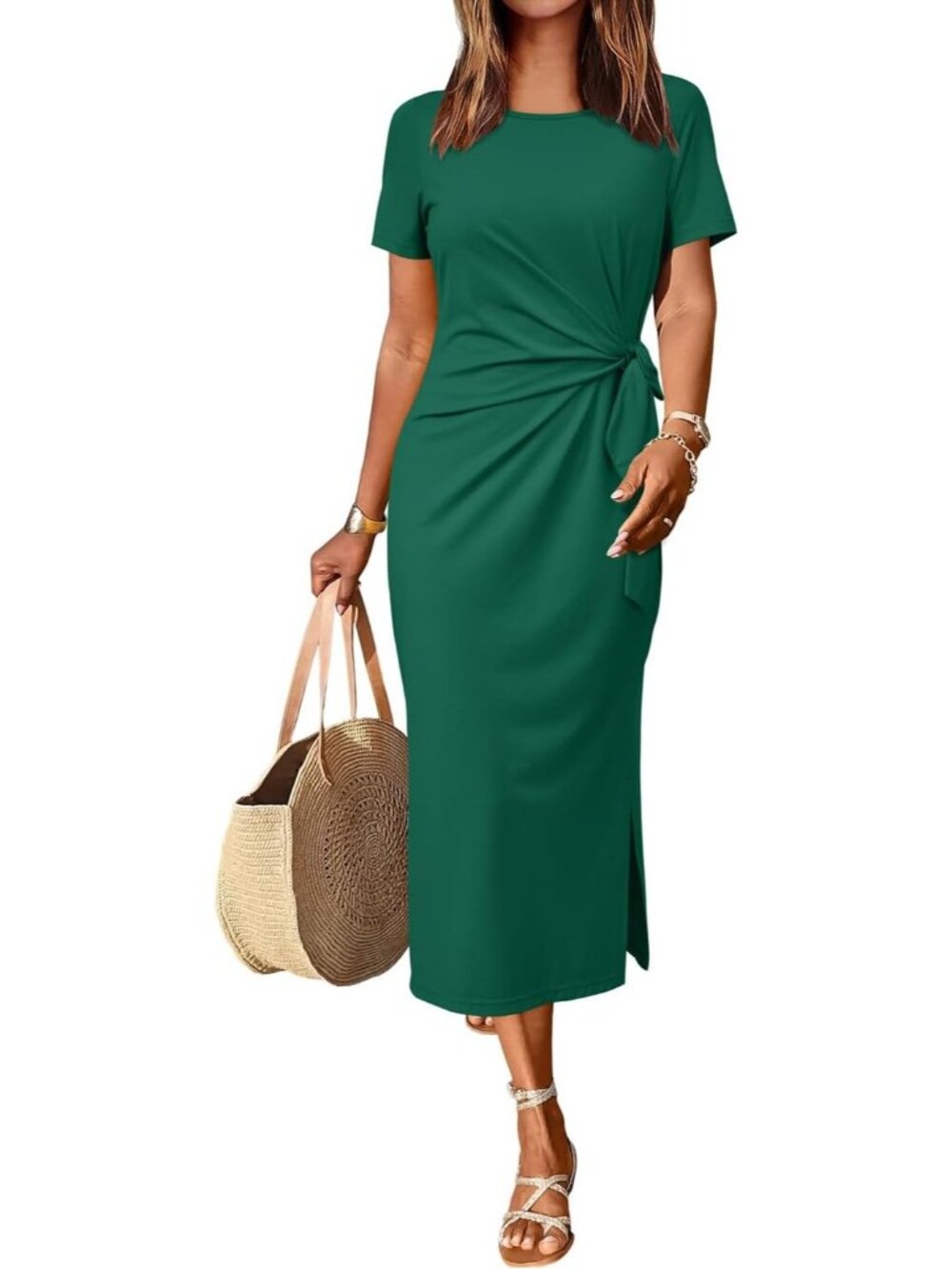 Women's Green Casual Short/Long Sleeve Crewneck T Shirt Maxi Dress Tie Waist